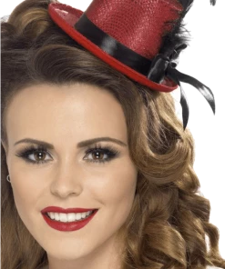 Smiffys Red Mini Top Hat With Feather All Womens Costumes